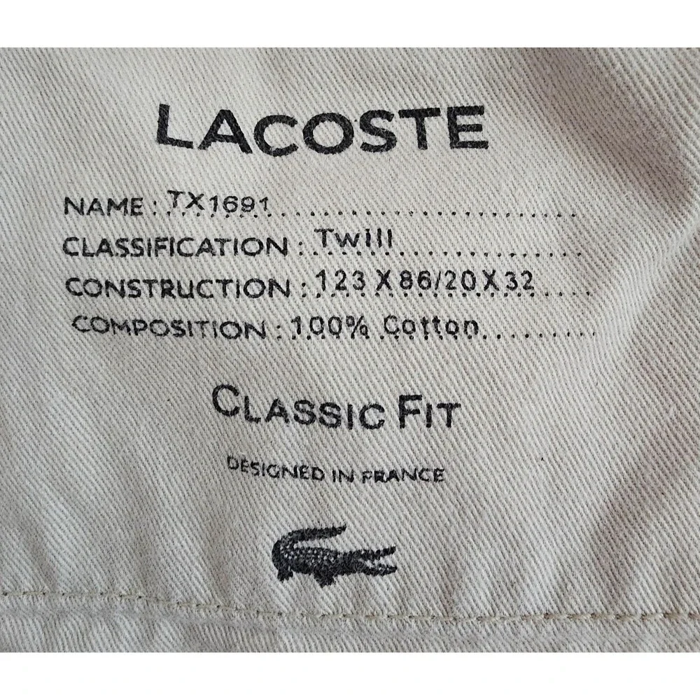 Lacoste Mens 38 Beige Chino Pants Classic Fit Cotton Twill Trousers Quiet Luxury